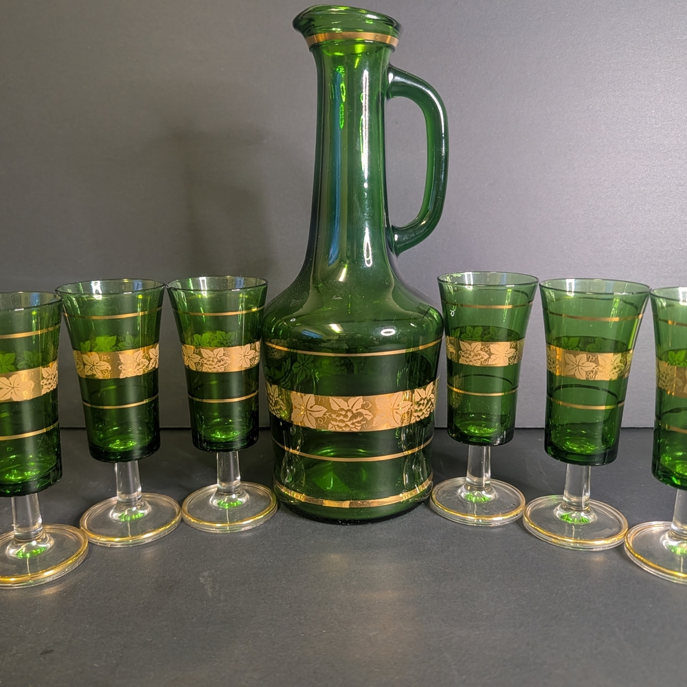 Elegant Green and Gold Glass Decanter Set